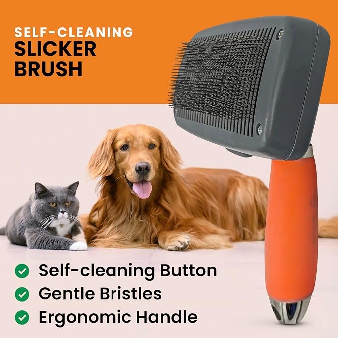GoPets Self-Cleaning Slicker Brush for Dogs & Cats, Deshedding & Dematting Comb with Retractable Bristles, Undercoat Tool for Long Haired Dogs, Non-Slip Handle, Detangler for Mats & Shedding Fur