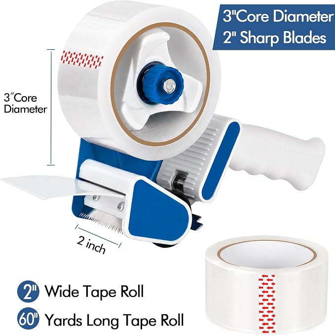 2 Pack Heavy Duty Packing Tape Dispenser Gun with 12 Pack Clear Packaging Tapes, 2 Inch Packaging Tape with Dispenser for Carton Sealing, Moving Boxes, Shipping (Blue)
