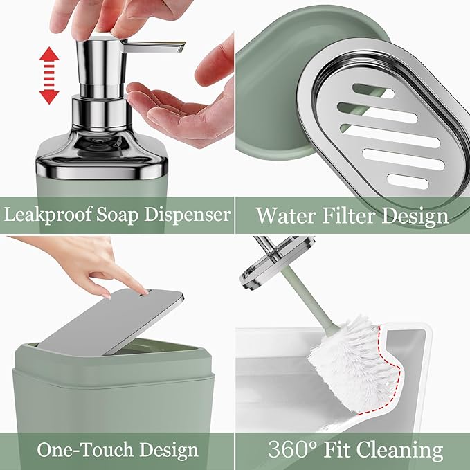 XLHOMO Sage Green Bathroom Set - 24PC Bathroom Sets with Shower Curtain and Rugs, Sage Green Bathroom Accessories Set with Press-on Lid Bathroom Trash Can, Soap Dispenser