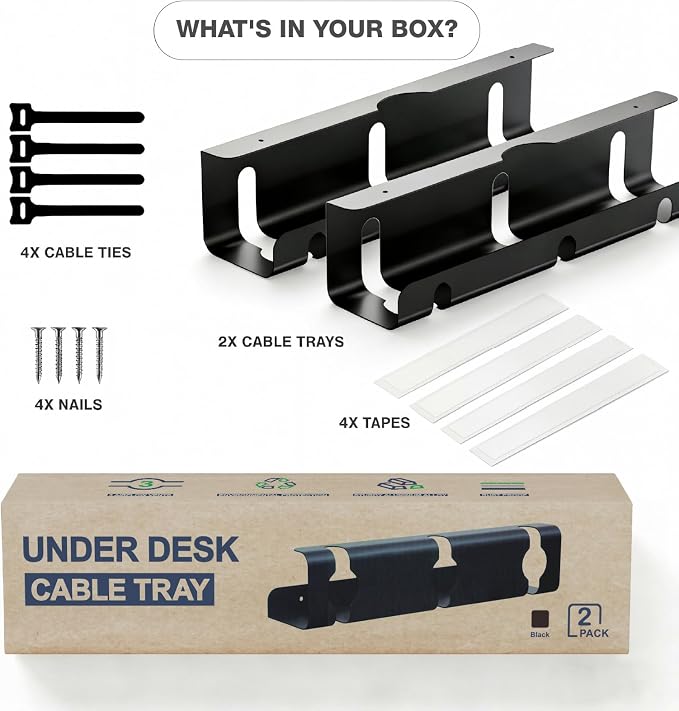 Under Desk Cable Management Tray (2 Pack) - 16" Sturdy Metal Wire Management Under Desk, Under Desk Cable Tray, Holds 15lbs+ Wire Management and Cord Organizer for Home Office Standing Desk - Black