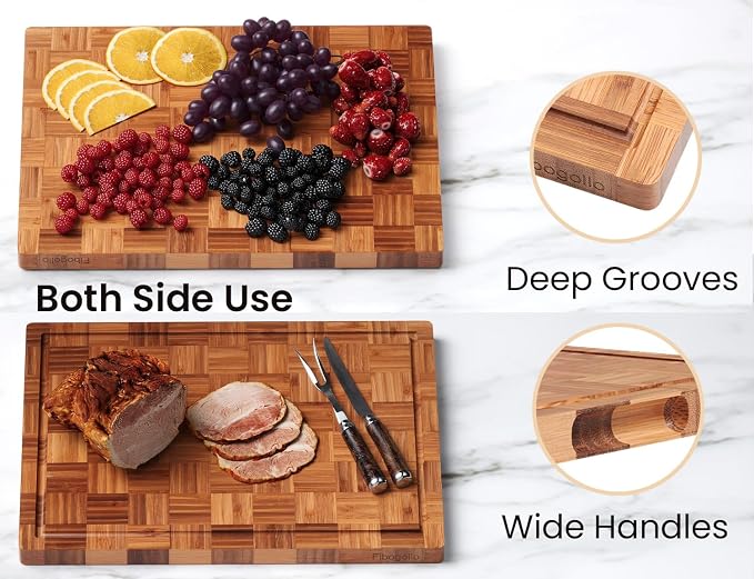 Fibogollo Set of 3 Bamboo Kitchen Cutting Boards with Juice Groove Large | Chopping Boards Set,End Grain Bamboo Butcher Block with Storage Stand,Serving Board and Charcuterie with Holderfor Meat