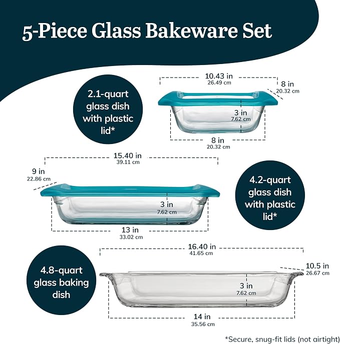 Libbey Baker’s Premium 5 Piece Glass Baking Dish Set, Stackable Casserole Dish with Lid Set, Baking Glassware for Casseroles, Lasagna, Brownies