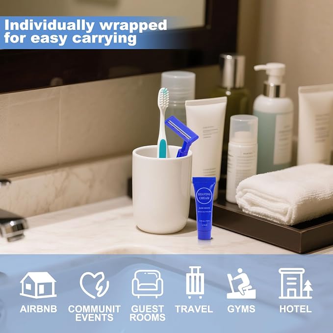 Disposable Razor Shaving Cream Set, Individually Wrapped Manual Twin Blade Shaving Razors in Bulk with Mini Smooth Shaving Cream Toiletries for Hotel Charity Camping Travel Homeless 0.34oz (100 Pack)