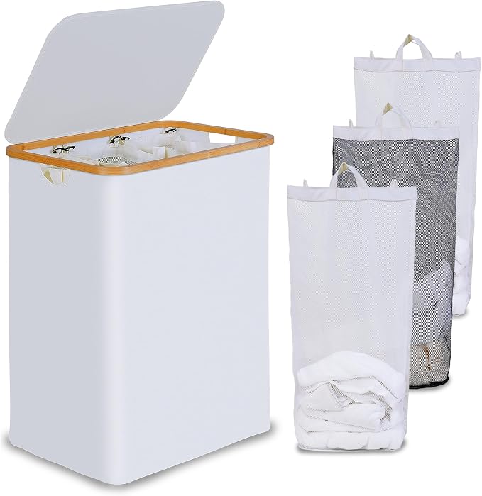 efluky Laundry Hamper with Lid, Trio Laundry Basket with 2 Removable Bags, 3 Section Laundry Bin with Bamboo Handles for Bathroom, Bedroom & Laundry Room, 160L (42.3 Gallon) White