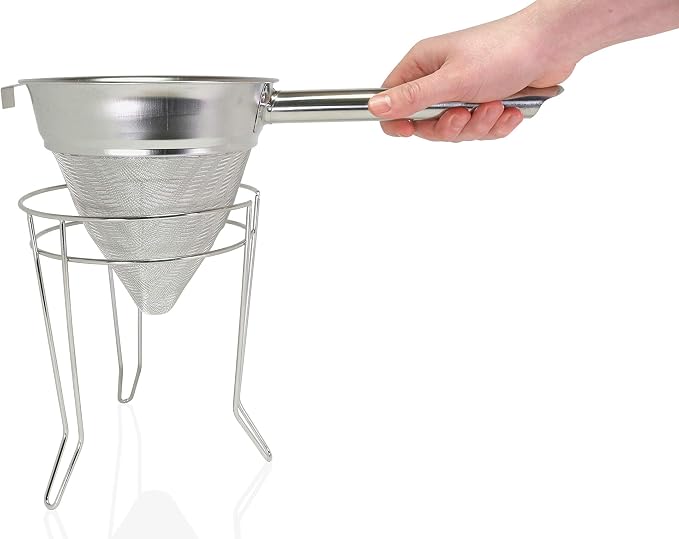 Anchy Premium 8" Chinois Fine Mesh Strainer Set with Stand & Bamboo Spatula – 18/8 Stainless Steel China Cap Cone Sieve, Professional Bouillon Strainer for Sauces, Soups, Broth, Stock, Jelly & Purees