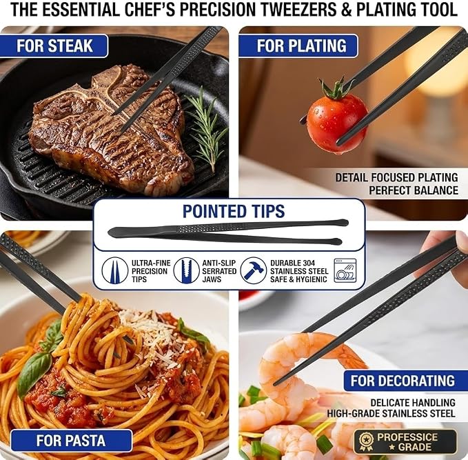 CREATIVECHEF Chef Tweezer Tongs, Professional Kitchen Tweezers, Precision Tweezer Tongs for Cooking, BBQ, Plating, Stainless Steel, Black (5)