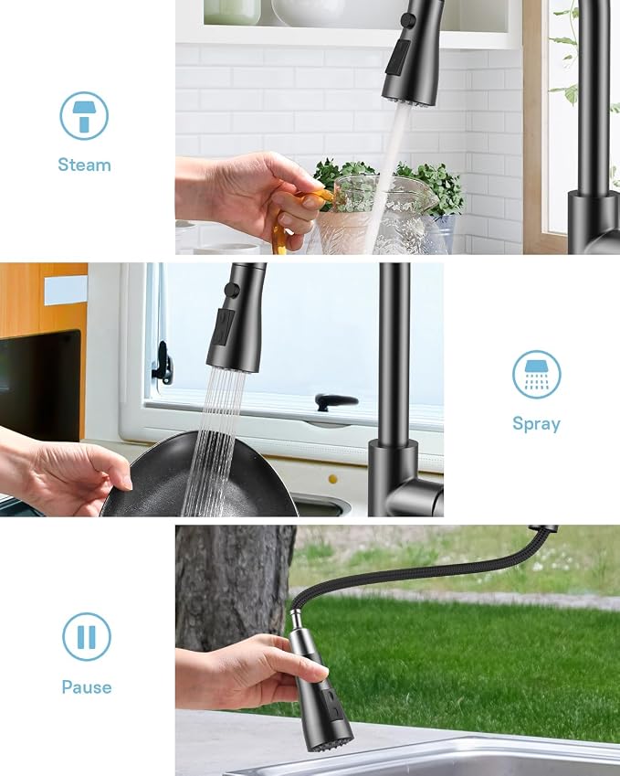 WEWE Kitchen Faucet with Pull Down Sprayer and Soap Dispenser, Matte Gray High Arc Single Handle Stainless Steel Sink Faucet, Suitable for Farmhouse, RV & Laundry