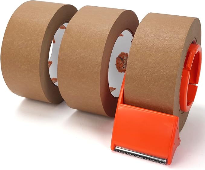 TAPEBEAR Eco-Friendly Kraft Paper Tape with Dispenser, Biodegradable Heavy Duty Packing Tape 2Inch x 55Yard, Recyclable Packaging Tape Self Adhesive Box Tape for Shipping, Sealing, Moving, 3Rolls