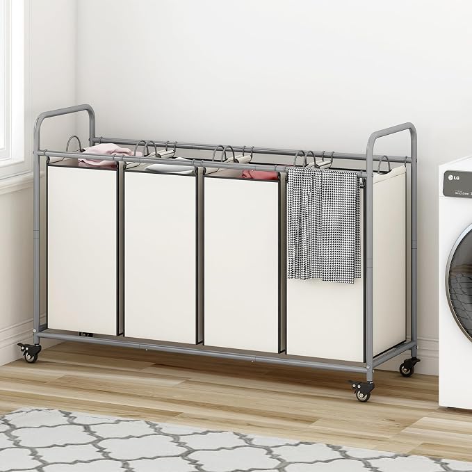 LINZINAR 4 Section Laundry Hamper, Beige Laundry Basket 180L Laundry Sorter | Laundry Room Organization with Heavy Duty Rolling Lockable Wheels and Removable Bag, Bedroom Laundry Cart for Clothes Storage