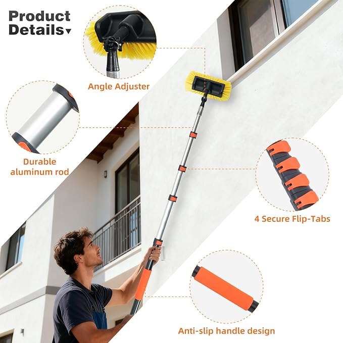 16FT Car Wash Brush with Long Handle, Car Cleaning Brush with 12" Soft Bristle and 12" Hard Bristle, 4-16Ft Telescopic Pole for Scratch-Free Cleaning Truck,RV, Boats,House Siding,Floors,Solar Panels