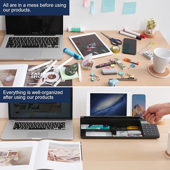 Small Glass Desktop Whiteboard Dry-Erase-Board - Computer Keyboard Stand with Calculator White Board Surface Pad with Drawer, Desk Organizers with Accessories for Office, Home, School Supplies - Black