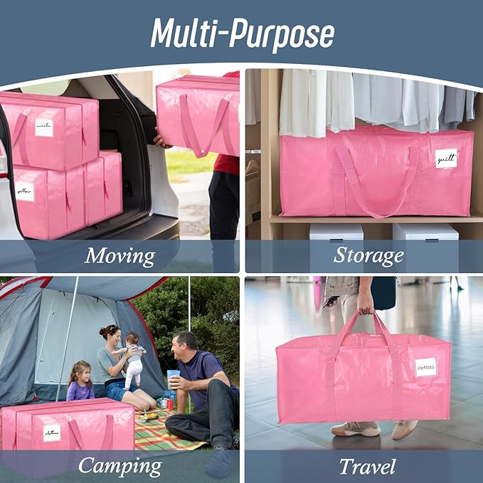 6 Pack Extra Heavy Duty Large Moving Bags with Strong Zipper, Pink | Comfortable Handles, Sturdy & Durable Clothes Storage Bags Totes Bins, Blue Packing Moving Boxes for College Supplies