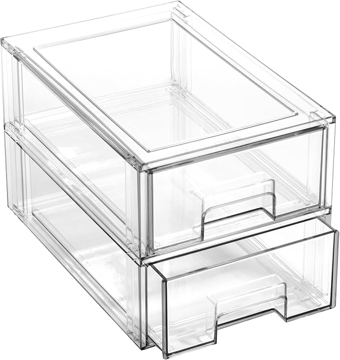 BINO | Stackable Storage Drawers, Small - 2 Pack, Clear | THE CRATE COLLECTION | Storage Bins With Drawers | Bathroom Organizers | Under Sink Organizer | Vanity Cabinet Home Organization