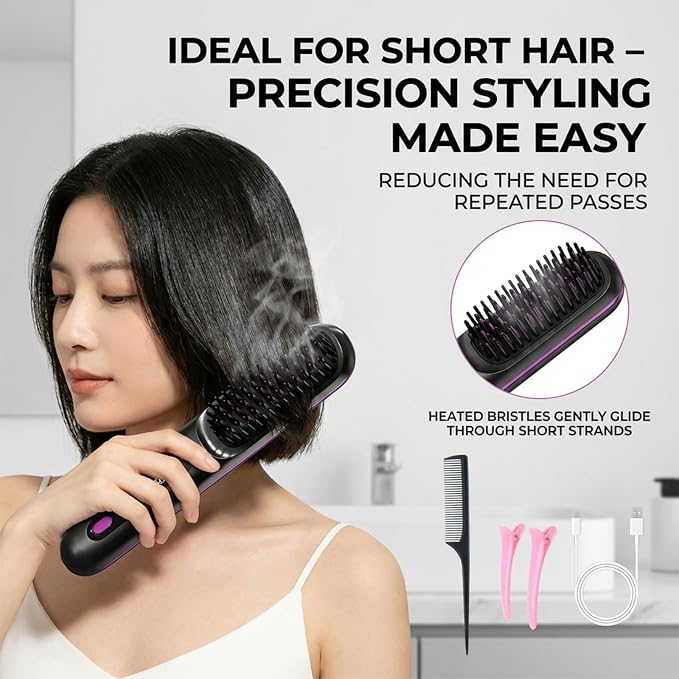 Hair Brush for Short Hair, Straightener Brushs for Travel (Purple) | LCD Temperature Display, Fast Heating Cordless Mini Hair Brushs