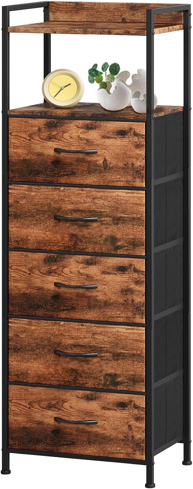 Somdot Tall Nightstand for Bedroom, Tall 5 Drawers Dresser, Vertical Storage Tower Unit, Nightstand Furniture with Fabric Drawer Organizer in Bedside Kids Room, Laundry Entryway, Wood Grain Print