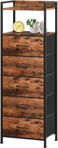 Somdot Tall Nightstand for Bedroom, Tall 5 Drawers Dresser, Vertical Storage Tower Unit, Nightstand Furniture with Fabric Drawer Organizer in Bedside Kids Room, Laundry Entryway, Wood Grain Print