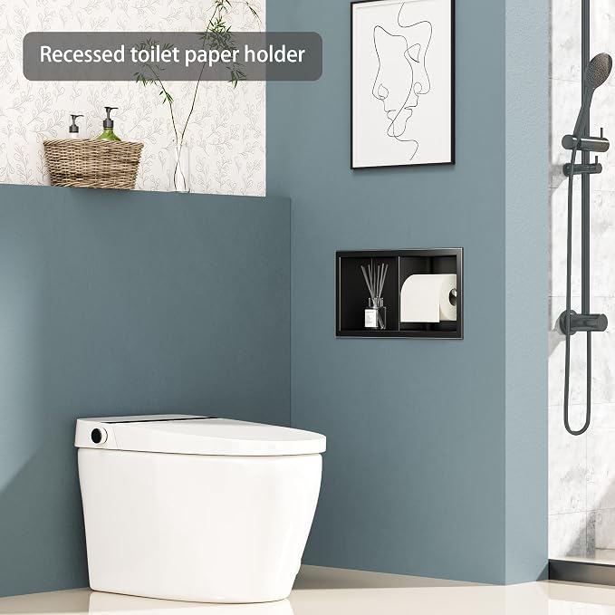 Neodrain Dual Roll Recessed Toilet Paper Holder - 304 Stainless Steel Hidden in-Wall Design Simple Loading and Unloading Space-Saving for Modern Bathrooms (Black)