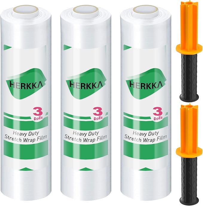 Stretch Film, HERKKA Stretch Wrap with Handles Industrial Strength, Moving Wrapping Plastic Roll, Shrink Wrap for Pallet Wrap, 15" x 1000 Feet, 3 Pack, 60 Gauge