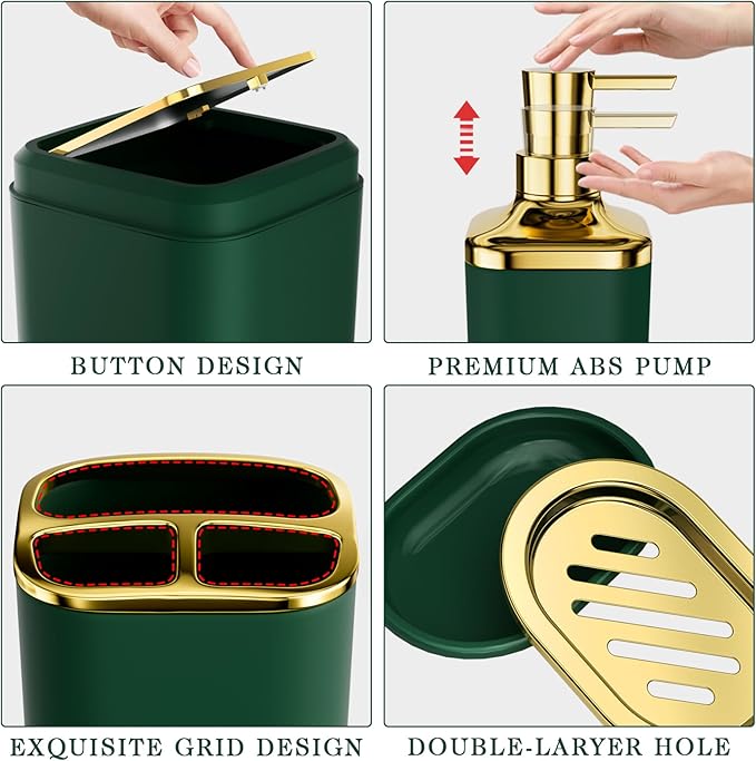XLHOMO Bathroom Accessory Set - 24PCS Luxury Bathroom Accessories Set, Bathroom Sets with Shower Curtain and Rugs, Green Bathroom Set with Trash Can, Toothbrush Holder & Soap Dispenser for Home Decor