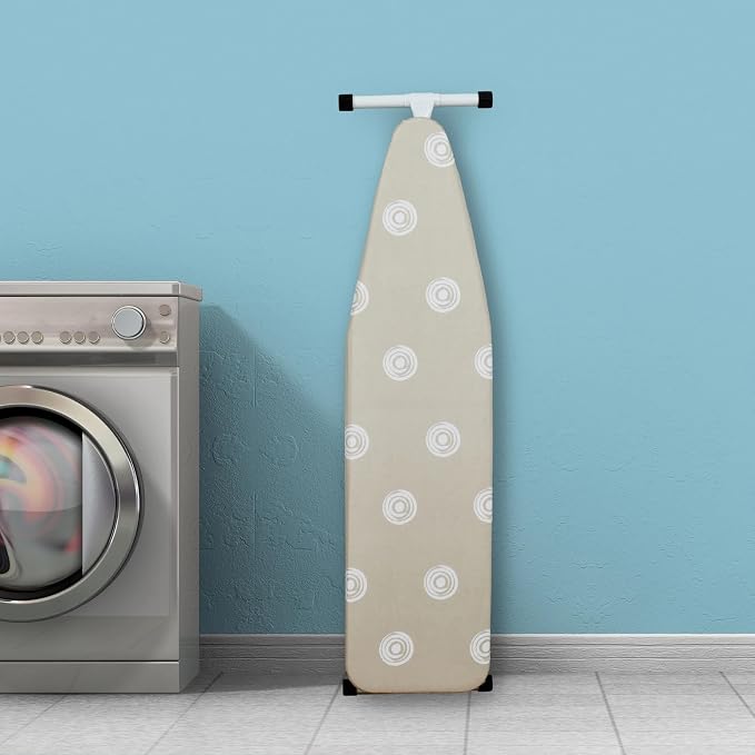 Foldable Steel Ironing Board 53”x14” Full-Size T-Leg Ironing Board, Adjustable Height Steel Frame, Thick Padded Cotton Cover, Beige