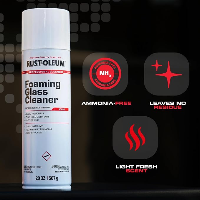 Rust-Oleum Professional Cleaners Foaming Glass Cleaner | 20oz Aerosol Can | Professional Strength | Ammonia-Free | Fresh Scent | 12 Pack