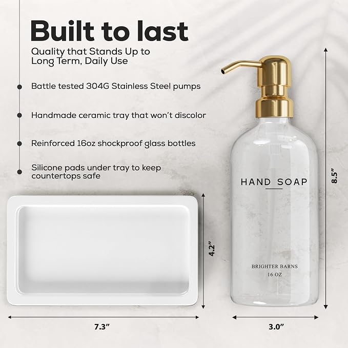 Luxury Glass Hand and Dish Soap Dispenser Set by Brighter Barns - Gold Kitchen Soap Dispenser Set with Stainless Steel Pumps and Ceramic Tray - Modern Kitchen Decor for Home, Airbnb, Gift (Clear/Gold)