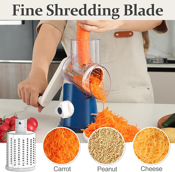 Cambom Rotary Cheese Grater Hand Crank Cheese Shredder for Fresh Cheese, Vegetable, Nuts,Non-slip Suction Base, Five Blades, Dark Blue