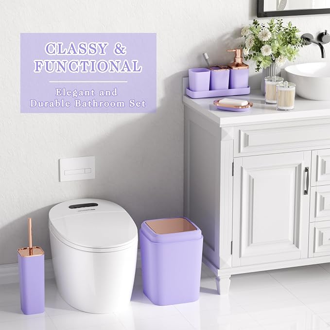 XLHOMO Bathroom Set, 9PC Bathroom Accessory Set, Purple Bathroom Accessories, Purple Bathroom Set, Trash Can, Soap Dispenser for Home Decor