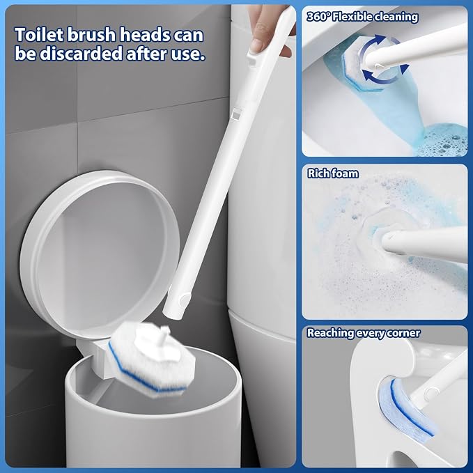 2 Pack Disposable Toilet Brush with 60 Refills, Wall Mounted Toilet Bowl Cleaner Wand Kit and Holder, Bathroom Cleaning Supplies, Toilet Scrubber Disposable Heads