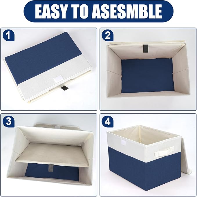 Bagnizer Large 22 Quart Linen Fabric Foldable Storage Bin Cube Organizer Basket with Flip-Top Lid & Handles, Clothes Blanket Box for Home, Office, Closet, Navy Blue & White, 4 Pack 14.6 x 9.5 x 9.5