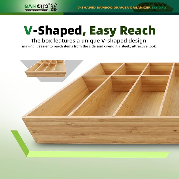 BAMOTTO CRAFTBAMBOO 13 Slot V-Shaped Bamboo Drawer Organizer Set of 2, Extra Large Cutlery Tray - Easy Reach Flatware Silverware Utensil Storage for Kitchen (19.6"x14.6" & 19.6"x12.4")