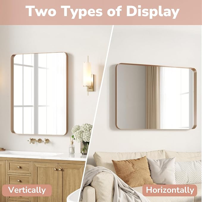 USHOWER Gold Bathroom Mirrors 22"x30" 2 Pack, Brushed Gold Rounded Rectangle Mirrors for Over Sink, Aluminum Frame, Anti-Rust, Tempered Glass, Horizontal or Vertical Mounted