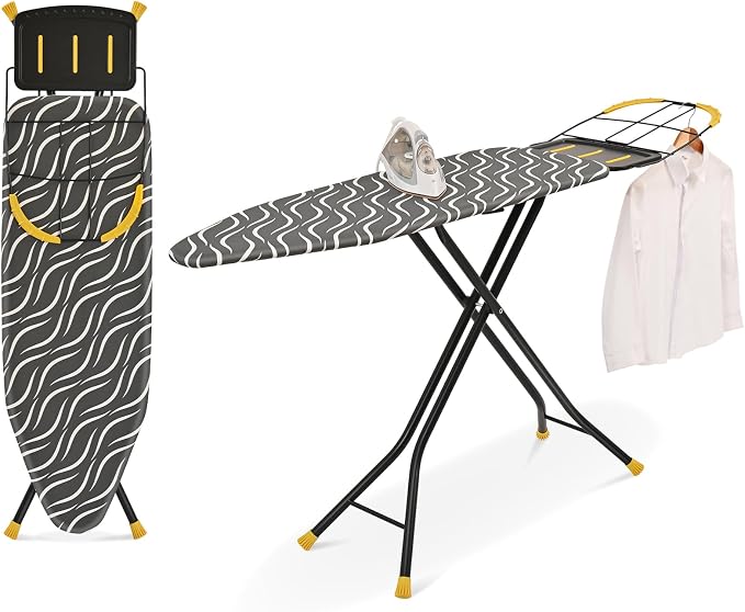 KINGBOARD Ironing Board Full Size with Metal Panel, Foldable Ironing Board with Iron Rest, 7 Height Adjustable, Heat Resistant Thick Padding Cover, Easy Storage Heavy Duty Iron Board,15x48, Black