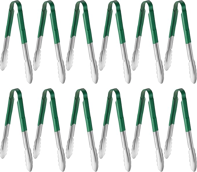 New Star Foodservice 12 Inch Utility Spring Tongs, Set of 12, Commercial Restaurant Grade Stainless Steel Tongs with Green Vinyl Coated Handles