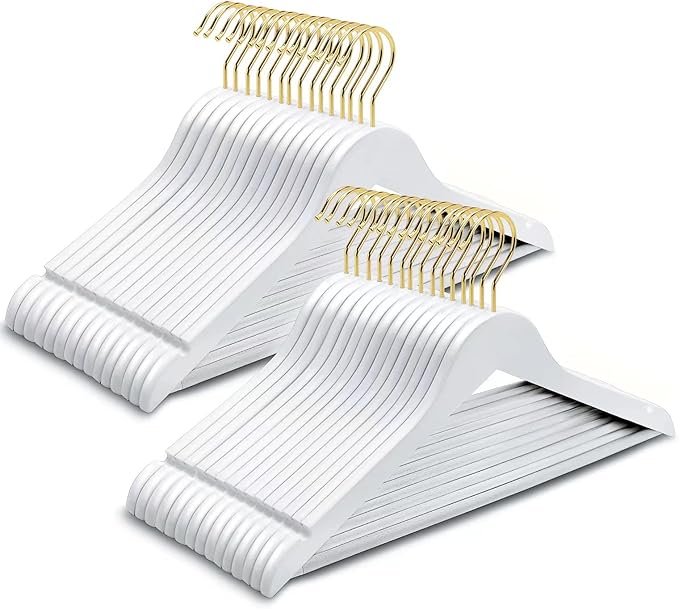 Amber Home 30 Pack White Wooden Coat Hangers with Gold Hook, White Wood Suit Hangers with Non-Slip Pant Bar, Clothes Hangers for Closet Organization, Shirts, Jackets, Dresses and Pants (White+Gold,30)