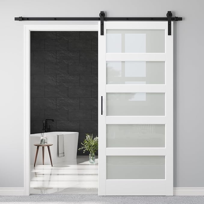 36" x 84" 5-Lites Frosted Glass Sliding Barn Door with 6.6FT Hardware Kit & Handle, Easy Assembly for Mortise and Tenon Structure, Water & Scratch Resistant MDF Barn Doors for Bathroom, Pre-Drilled