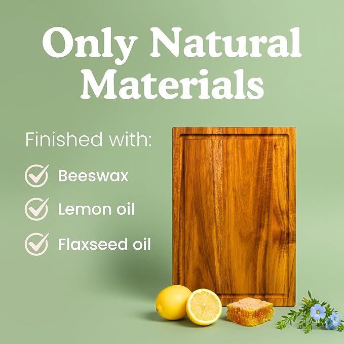 Non-Toxic Acacia Wood Cutting Board, Mineral Oil & Plastic Free, 16x11 in | Petroleum & BPA free. FSC-certified wood. Knife-friendly surface. Beeswax, flaxseed & lemon oil finish.
