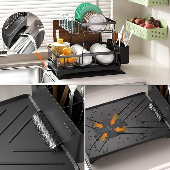 Godboat 2-Tier Dish Drying Rack - Dish Rack with Auto Drain-to-Sink & Mat | Dish Racks for Kitchen Counter, Dish Drainer with Knife Fork & Cup Rack, Gifts for Women, Mothers Day, Kitchen Gadgets, Black