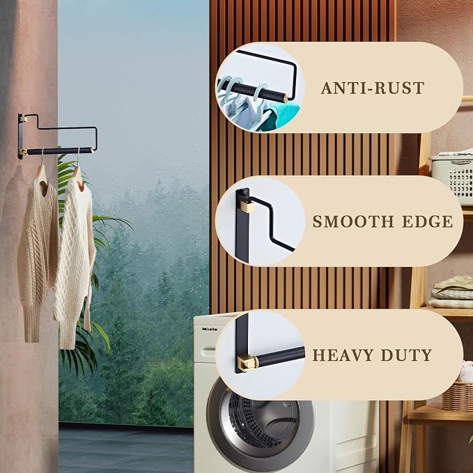 Folding Clothes Hanger Drying Rack Black Wall-Mounted Clothes Organizer for Laundry Room Closet Storage