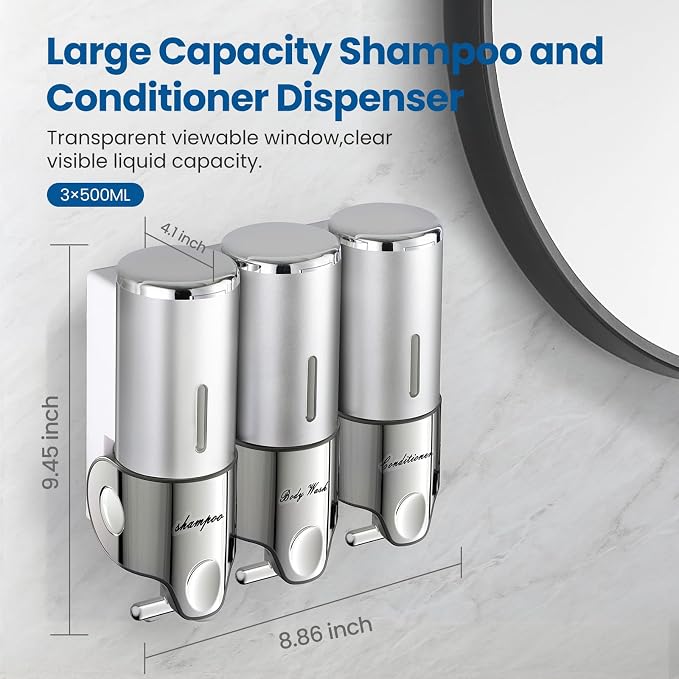 EXIN DECHEN Shampoo and Conditioner Dispenser(Triple x 16.9 oz,Silver) | Easy Installation,Wall-Mounted,Bottle Separable,Large Capacity,Shower Shampoo Conditioner Body Wash Dispenser for Bathroom