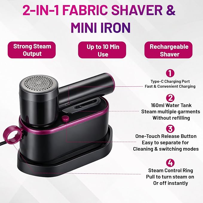 2-in-1 Travel Steam Iron with Fabric Shaver, Portable Mini Iron for Clothes with Detachable Lint Remover, 1000W Handheld Wrinkle Remover for Home & Travel