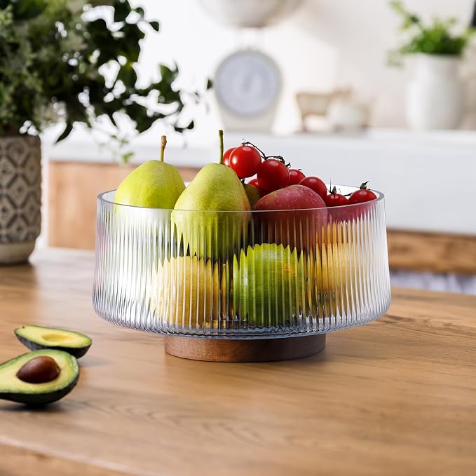 NiHome Glass Salad Bowl Set, Large Serving Bowl with Wood Utensils | Acacia Wood, Separate-Piece Ribbed Design for Easy Dishwasher Cleaning, Versatile for Pasta, wine & Snacks at Gatherings