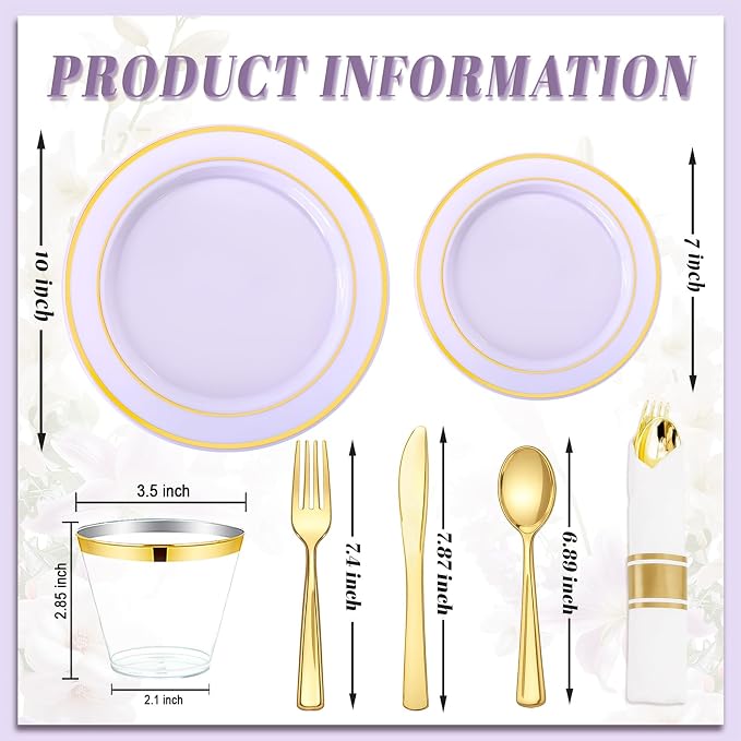 WDF Partyware 175PCS Purple Plates Disposable - Lavender Plastic Plates 25Guests Plastic Dinnerware with Rolled Napkins for Birthday/Spring/Baby Shower/Birthday