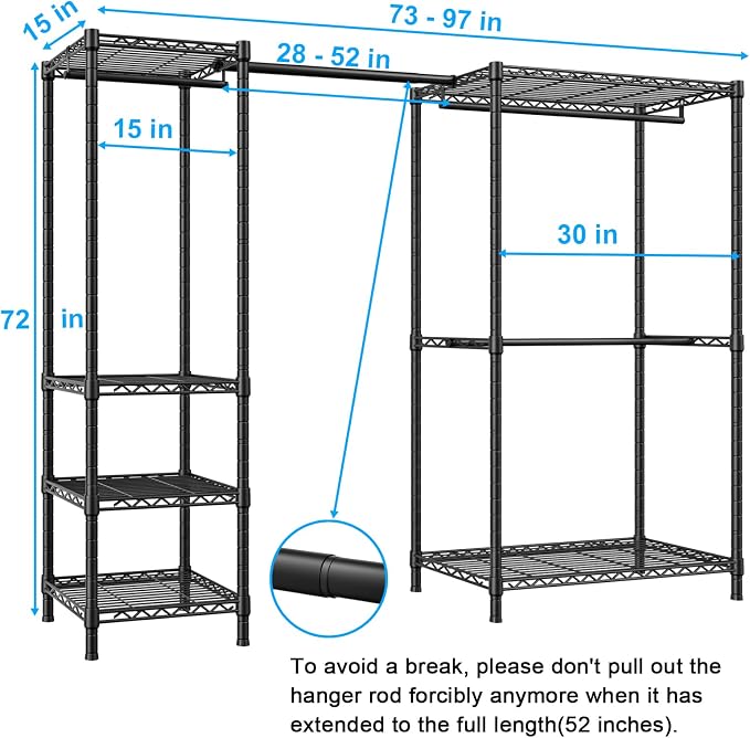 Ulif E10 Clothes Rack（With Stretchable Hanger Rod）Freestanding Clothing Racks for Hanging Clothes，Adjustable Closet Organizer System，Portable Garment Rack 73-97"W x 15" D x 72" H，Max Load 800LBS，Black