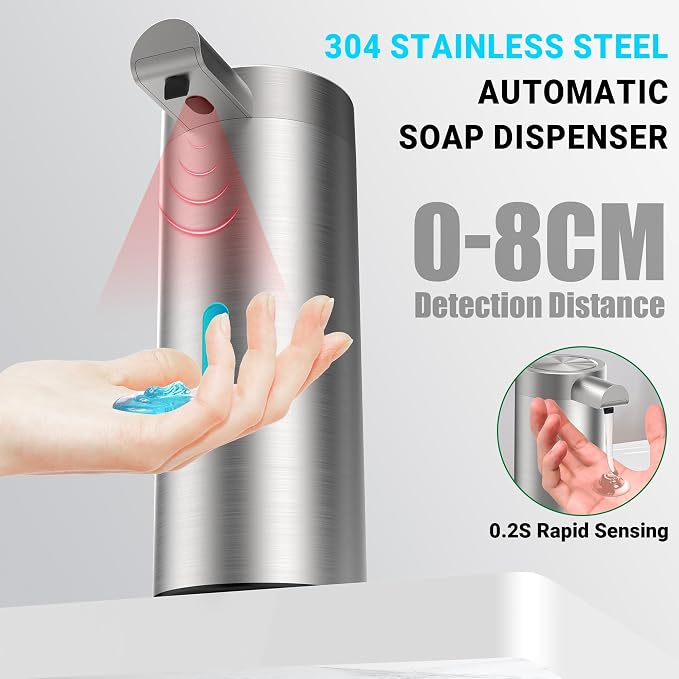 Liquid Sensor Pump, 12.17 oz Automatic Soap Dispenser for Kitchen and Bathroom, Touchless Automatic Soap Dispenser, Variable Dispense, Rechargeable, No-Drip Spout, High-Grade Brushed Stainless Steel