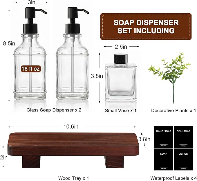 Kitchen Soap Dispenser Set with Wood Tray, Clear Glass Soap Dispenser with Pump, Decorative Hand and Dish Soap Dispenser Set, Soap and Lotion Dispenser Upgrade for Kitchen and Bathroom Decor