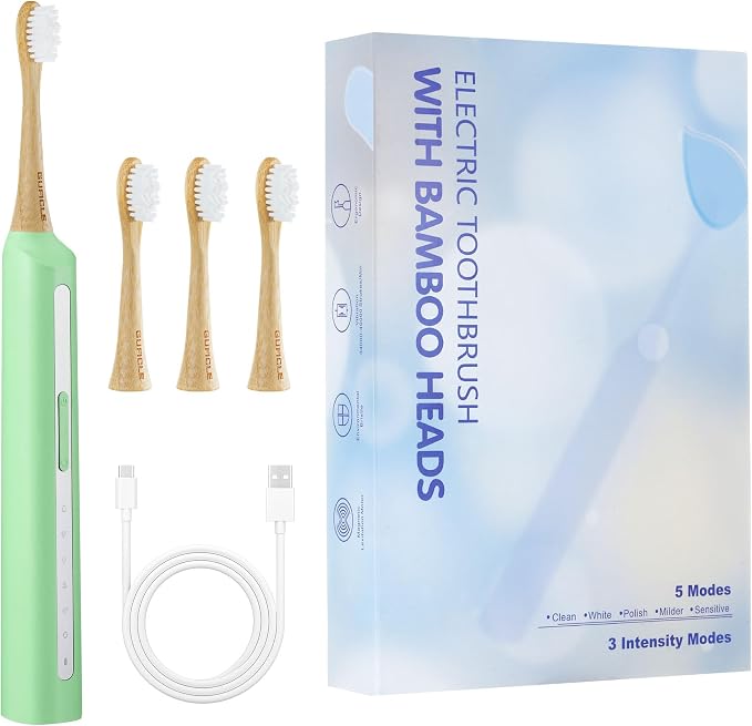 Sonic Electric Toothbrush with Bamboo Heads, Light Green | Bamboo Electric Toothbrush, Soft Castor Oil Bristles, Smart Timer, 40000 VPM, 5 Modes, IPX7 Waterproof, 45-Day Battery Life