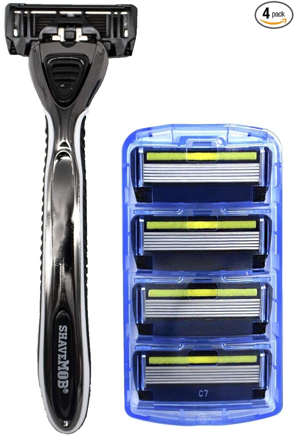 ShaveMOB 6-Blade Men's Razor Kit (Flex Head Handle with 4 Refills) (No Trimmer) - The Caveman Shaving Kit