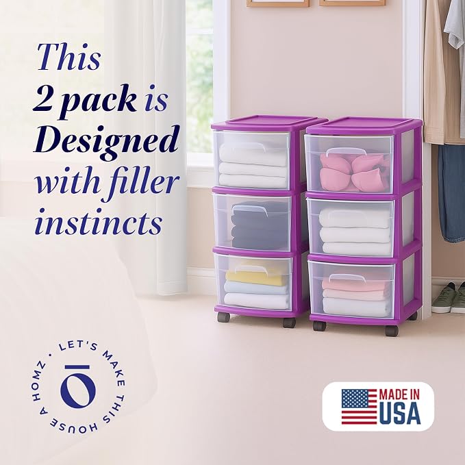 HOMZ 2-Pack Drawer Tower, 3-Tier Clear Plastic Storage Organizer Cart, Purple Frame - Organizing Containers with Wheels for Home, Bathroom, Bedroom, Office, and Classroom