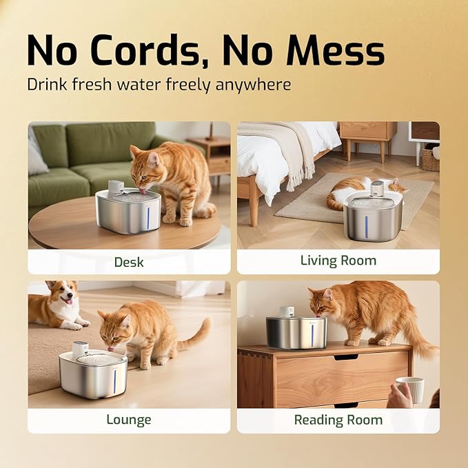 Cat Water Fountain Stainless Steel,152oz/4.5L Wireless Pet Fountain,Automatic Water Bowl for Cats Dogs with Motion Sensor,Quiet Filtered Pet Water Fountain w 5 Filters(Filters for 4 Months)